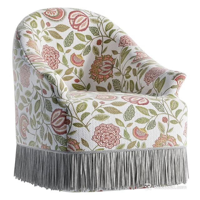 Elegant Single Chair With Floral Pattern Green Leaves Pink Flowers And Fringe 3d model 