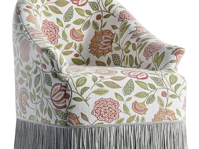 Elegant Single Chair With Floral Pattern Green Leaves Pink Flowers And Fringe 3d model