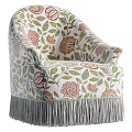 Elegant Single Chair With Floral Pattern Green Leaves Pink Flowers And Fringe