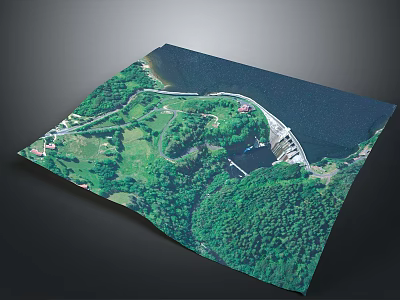 Aerial View Of Dam Structure Surrounded By Green Forest And Water Reservoir 3d model