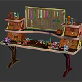 Wooden and Metal Workbench with Multiple Drawers and Shelves Tools and Paint Bottles
