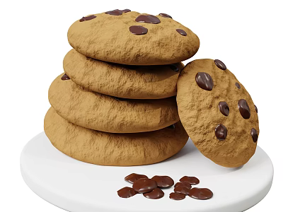 Stacked Chocolate Chip Cookies On White Plate With Scattered Chocolate Chips 3d model