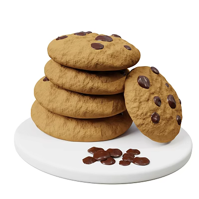 Stacked Chocolate Chip Cookies On White Plate With Scattered Chocolate Chips 3d model