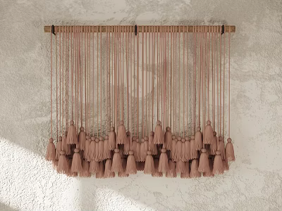 Pink Tassel Wall Hanging With Wooden Rod On Light Colored Wall 3d model