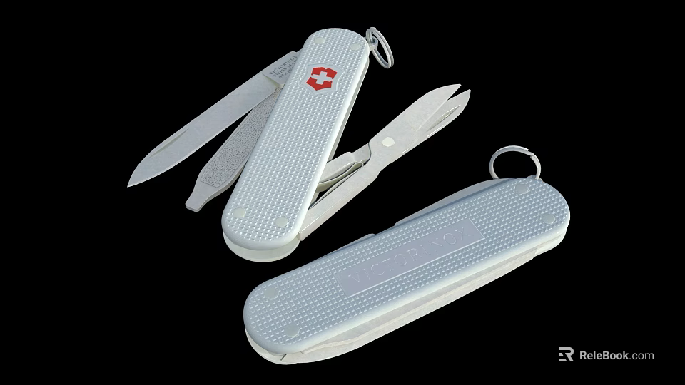 Swiss Army Knife With White Dotted Handle Key Ring Open And Closed Positions 3d model 