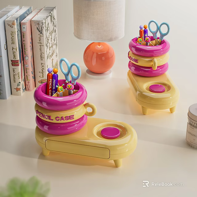 Colorful Pens And Scissors In Pink Yellow Pen Case Desk Organizer 3d model 