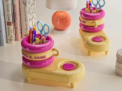 Colorful Pens And Scissors In Pink Yellow Pen Case Desk Organizer 3d model