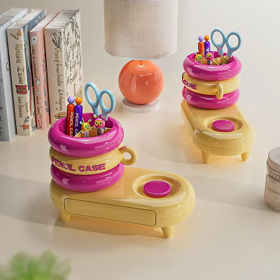Colorful Pens And Scissors In Pink Yellow Pen Case Desk Organizer 3d model