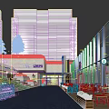 Vibrant Modern Commercial Street With Outdoor Seating Greenery Shops And Evening Pedestrians