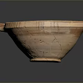 Ancient Handcrafted Clay Bowl Sculpture With Carved Lines Cracks And Handle