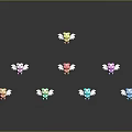 Colorful Winged Creatures in Yellow Pink Orange Green Blue Arranged on Black Background with Reflections