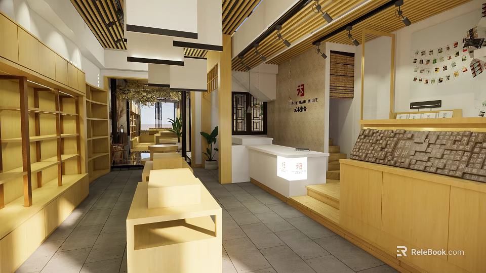 Traditional Chinese Department Store Interior With Wooden Shelves And Counter 3d model 