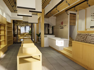 Traditional Chinese Department Store Interior With Wooden Shelves And Counter 3d model