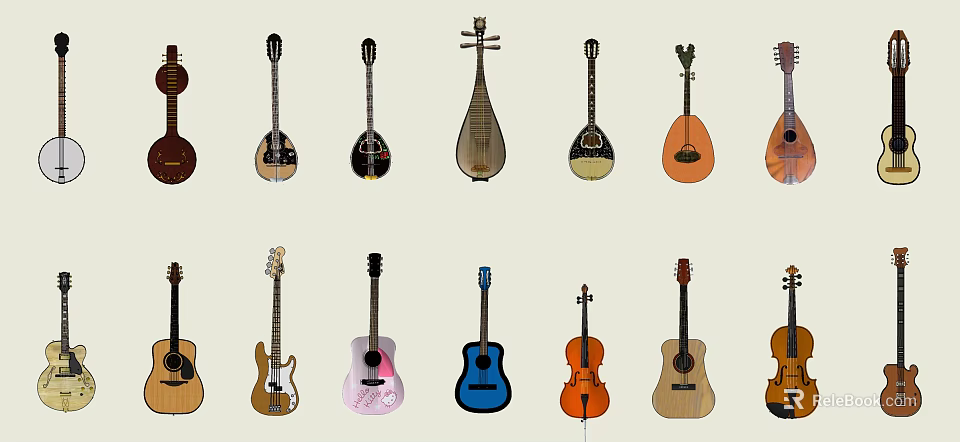 Various String Musical Instruments Collection Including Guitars Cellos And Lutes 3d model 