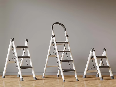 Three Folding Ladders With White Frames And Black Steps On Wooden Floor 3d model