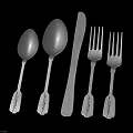 Five Piece Minimalist Silver Tableware Set with Patterned Handles on Black Reflective Background