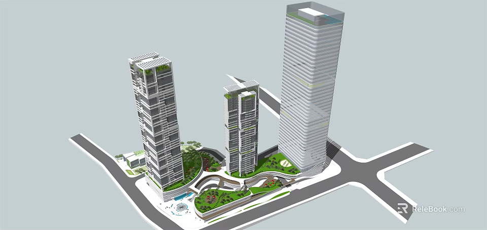 Modern High Rise Office Buildings With Green Landscaped Courtyard And Urban Design 3d model 