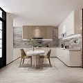 Modern Kitchen Interior With Marble Backsplash Wooden White Cabinets And Dining Table 3d model