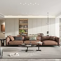 Modern Living Dining Room Interior With Brown Sofa Coffee Table And Bookshelf 3d model