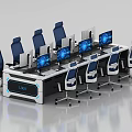 Professional Control Room Interior With Multiple Monitors Blue Chairs And Long Desk 3d model