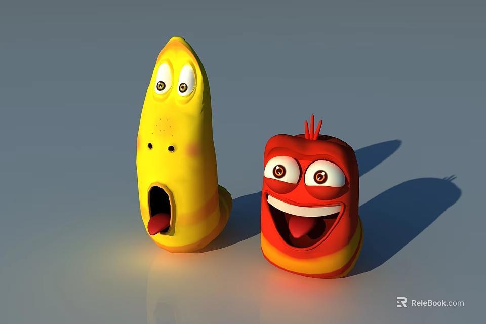 Playful Yellow And Red Worm Like Cartoon Game Movie Characters With Big Eyes And Expressions 3d model 