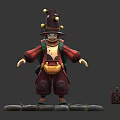 Character In Traditional Robe With Tall Hat Backpack Standing On Stone Pavement Near Small Chest