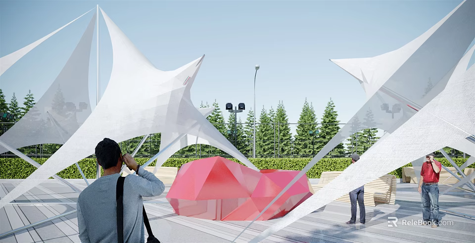 Modern Star shaped Tensile Membrane Structure In Outdoor Urban Landscape With Trees And People Viewing 3d model 