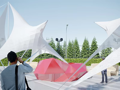 Modern Star shaped Tensile Membrane Structure In Outdoor Urban Landscape With Trees And People Viewing 3d model