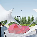 Modern Star shaped Tensile Membrane Structure In Outdoor Urban Landscape With Trees And People Viewing