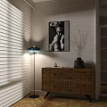 Wooden Entryway Console Table With Drawers Floor Lamp Vase And Wall Art Near Blinds