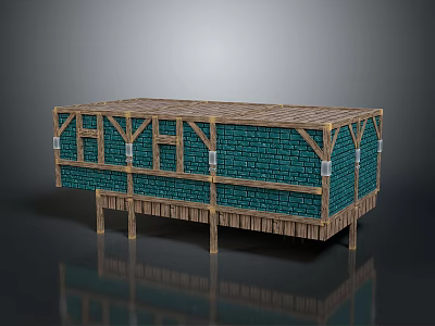 Wooden Frame Building With Turquoise Brick Walls And Elevated Base Supports 3d model