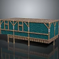 Wooden Frame Building With Turquoise Brick Walls And Elevated Base Supports