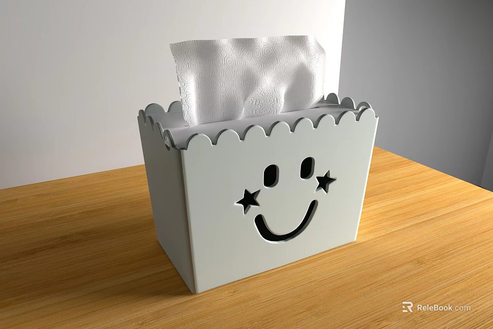 White Tissue Box With Smiley Face And Stars On Wooden Table 3d model 