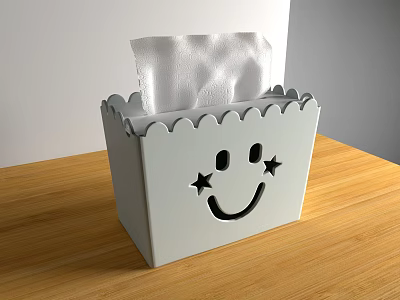 White Tissue Box With Smiley Face And Stars On Wooden Table 3d model
