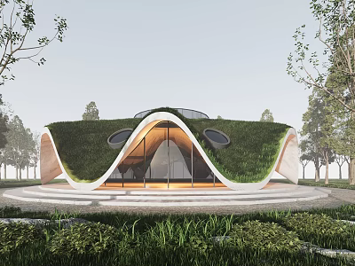 Modern Sales Office Building with Green Roof Wavy Design and Arched Entrance Surrounded by Trees 3d model