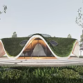 Modern Sales Office Building with Green Roof Wavy Design and Arched Entrance Surrounded by Trees