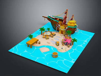 Cartoon Pirate Ship Scene With Beach Palm Trees Pink Octopus Barrels And Blue Water Waves 3d model