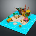 Cartoon Pirate Ship Scene With Beach Palm Trees Pink Octopus Barrels And Blue Water Waves