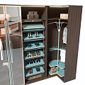Modern Wardrobe With Glass Doors Hanging Rods Blue Shoe Racks And Interior Lighting