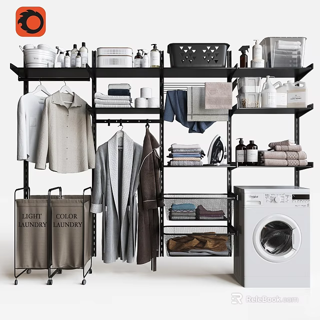 Organized Laundry Room Supplies Daily Necessities Clothing Care Color Whites Baskets And Washing Machine 3d model 