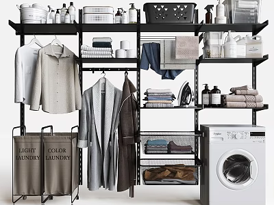 Organized Laundry Room Supplies Daily Necessities Clothing Care Color Whites Baskets And Washing Machine 3d model
