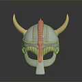 Viking Warrior Helmet Silver Metal Design With Golden Horns And Ornate Carvings