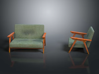 Green Upholstered Sofa And Wooden Armchair Modern Furniture Design Set 3d model