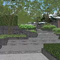 Serene Outdoor Garden Landscape With Stone Wall Red Maple Trees Stone Pavement And Blue Sky