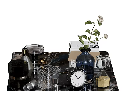 Modern Decorative Ornament Set with Blue Vase Clock Hourglass Glass Candle Holder on Marble Tray 3d model