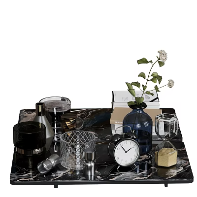 Modern Decorative Ornament Set with Blue Vase Clock Hourglass Glass Candle Holder on Marble Tray 3d model