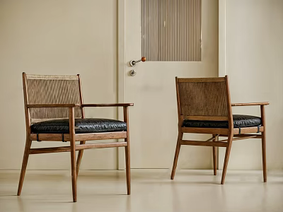 Minimalist Modern Dining Chairs With Wooden Frame Woven Backrest And Black Padded Seat 3d model