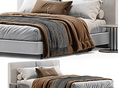 Modern Bedroom Bed With White And Brown Pillows Gray Knit Blanket And Round Side Table 3d model