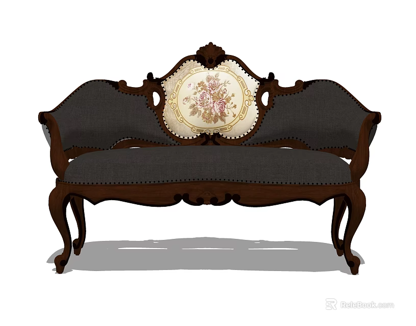 Classic Two Seater Sofa With Carved Wooden Frame Dark Upholstery And Floral Decorative Pillow 3d model 