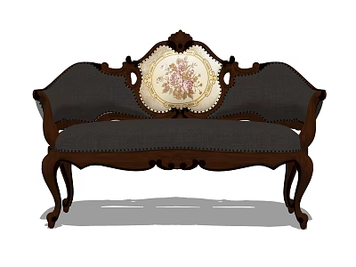 Classic Two Seater Sofa With Carved Wooden Frame Dark Upholstery And Floral Decorative Pillow 3d model